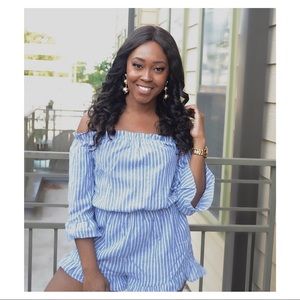 Blue and white striped off shoulder romper